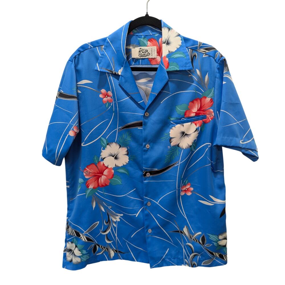 Vintage 70's Hilo Hatties Hawaii Blue Floral Button Down Small
